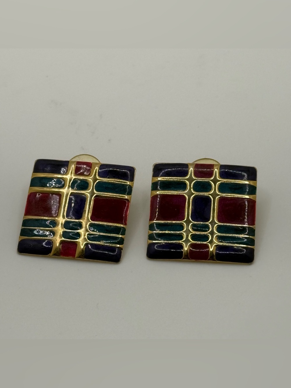Vintage Gold-Tone Enamel Geometric Square Clip-On Earrings - Multicolor as is